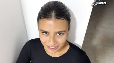 Braces Petite Latina Gags Deep on Big Dick Then Spreads for Cum Flood