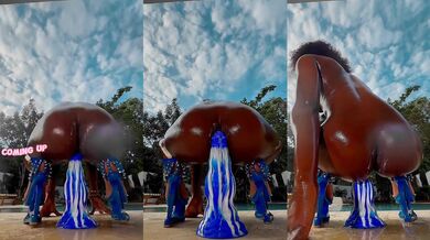 Ebony Queen Tashar Gushes Squirting Big Blue Dildo Ride Outdoors Shaking