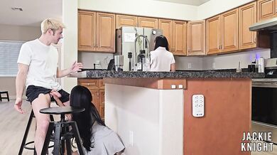 GFs Sis Ember Snow Slips Huge Cock In Kitchen Right In Front Gushing Creampie