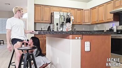 GFs Sis Ember Snow Slips Huge Cock In Kitchen Right In Front Gushing Creampie