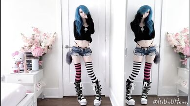 Blue Haired Emo Honey Strips Tight Body Jean Shorts Tail Oops Gush