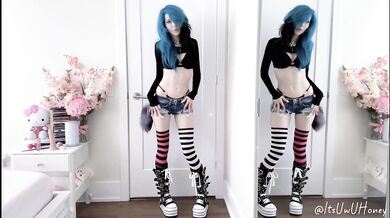 Blue Haired Emo Honey Strips Tight Body Jean Shorts Tail Oops Gush
