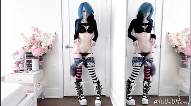 Blue Haired Emo Honey Strips Tight Body Jean Shorts Tail Oops Gush
