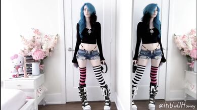 Blue Haired Emo Honey Strips Tight Body Jean Shorts Tail Oops Gush