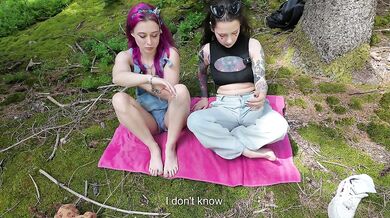 Tattooed Lesbos Gush Squirt Choke in Public Forest Freak
