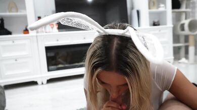Slutty 18yo Easter Bunny Gags Big Dick Earns Messy Facial Blast