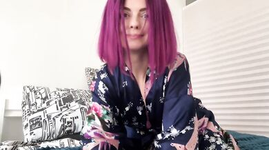 Purple Hair Fit Babe Gushes Hairy Pussy on Dildo Cowgirl Ride