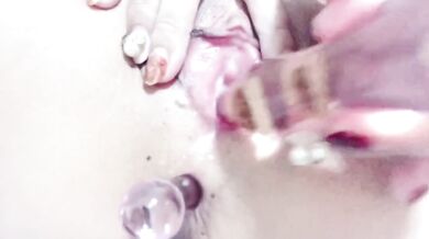 Her pink pussy gushing as anal dildo fucks her dripping holes solo