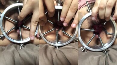 Opening her tight virgin pussy with a clamp