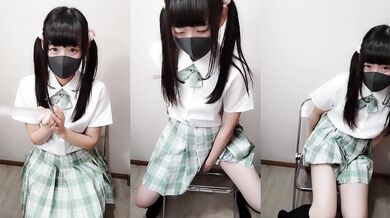 Twin tailed student straddles anal dildo humping chair alone