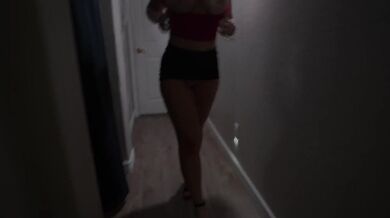 Blonde milf struts in mini skirt heels takes brutal face fuck sloppy deep throat leaves on tits mess