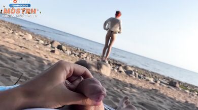 Blowjob on the beach blows his funky bald pussy quick
