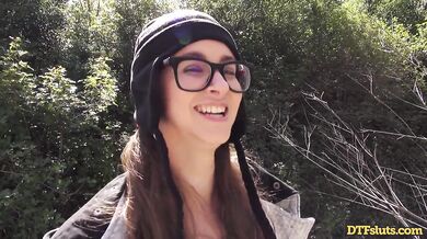 Eager nerdy brunette gets nailed outdoors with big loads swallowed