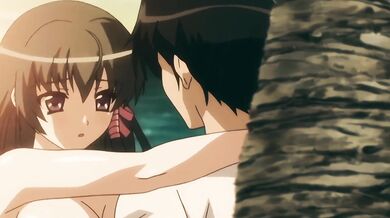 Her tits straddle him under the sun three busty hentai honeys fuck on the beach