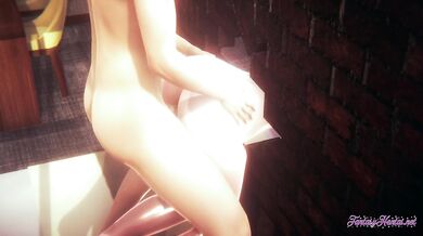 Hinata gets fucked through a wall while she sucks in a threesome hentai