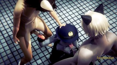 Judy Hopps drooling in a threesome murrsuit cosplay creampie