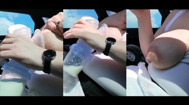 Big milk tits squeezed dry in the car