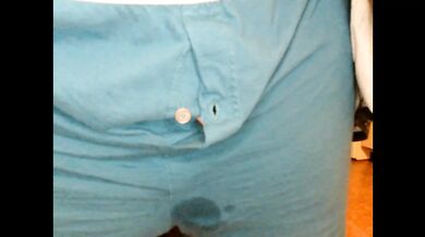 Thick thighs wearing blue boxers dripping pee against my standing desk