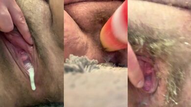 Creampie flooded BBW hairy cunt gaping after bottle fuck