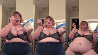 ALICE STUFFS BULGING BBW BELLY WITH DESSERT DRIPPING CREAM