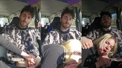 Berlin beauty deep throats in car getting cum in her pretty mouth