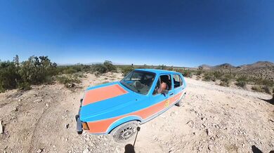 Big Cock Slams Big Tits on VW Rabbit Hood Naked Hot Springs Pound