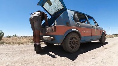 Big Cock Slams Big Tits on VW Rabbit Hood Naked Hot Springs Pound