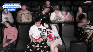 GF Shocked by Big Cock Blowjob Footjob in Dark Theater Cum Blast