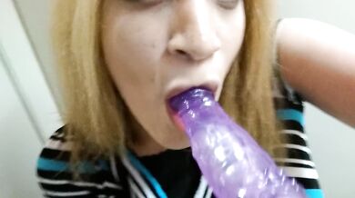 Blonde tease gushes dildo deep at work and slurps her own cum
