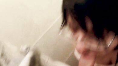 Milf deepthroats a random cock in a public toilet