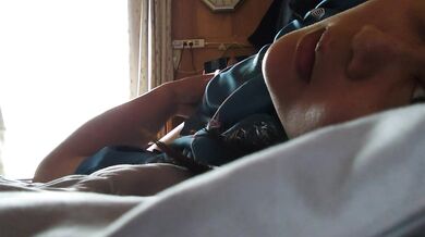 Japanese big titted woman masturbates with juicy nipples after waking up