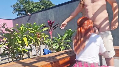 Redhead miniskirt panties garden blowjob swallow dick