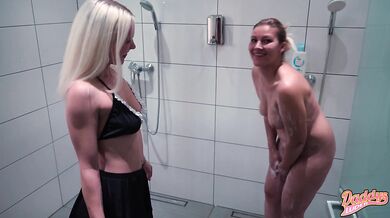 Shy Petite Blonde Teen Devours Hairy MILF Pussy Gushing Shower