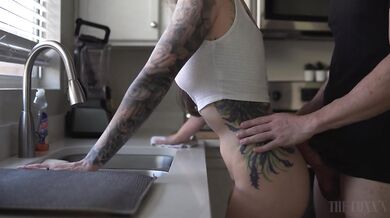 Fitness Brunette Destroyed Doggy Dishes Cum Gushing Ass Kitchen Pound
